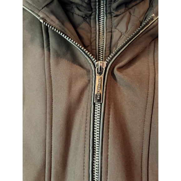 Michael Kors Long Black Hooded Coat Quilted Sleeves Medium Soft Shell Stretch - Picture 3 of 8